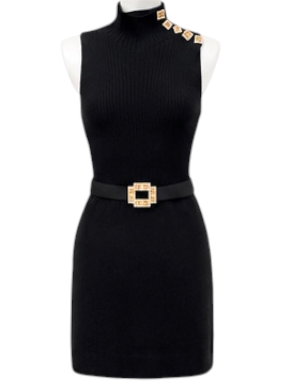Vintage St John Knits Black Sleeveless Ribbed Sweater Dress Gold Buckle Sz XS/S